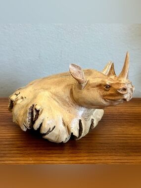 Wood Rhino Sculpture Hand Carved Rhinoceros Figurine African Parasite Kenya 5.5"